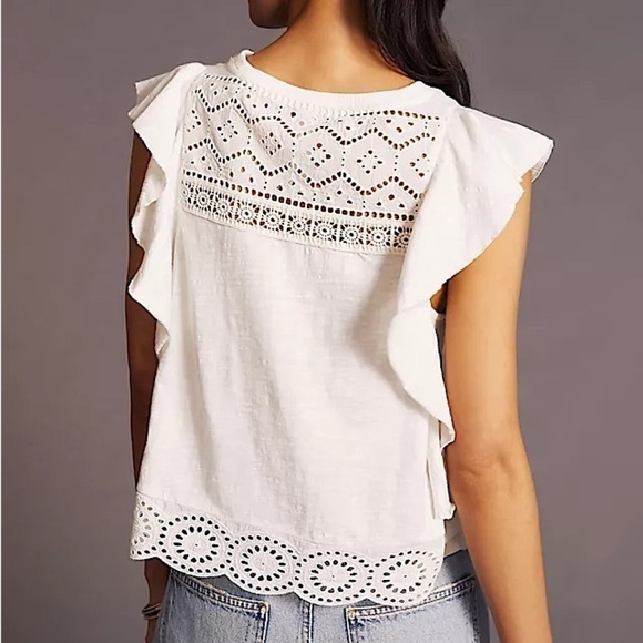 By Anthropologie Sustainable Embroidered Eyelet Lace Boho White Feminine Tank - Picture 3 of 11
